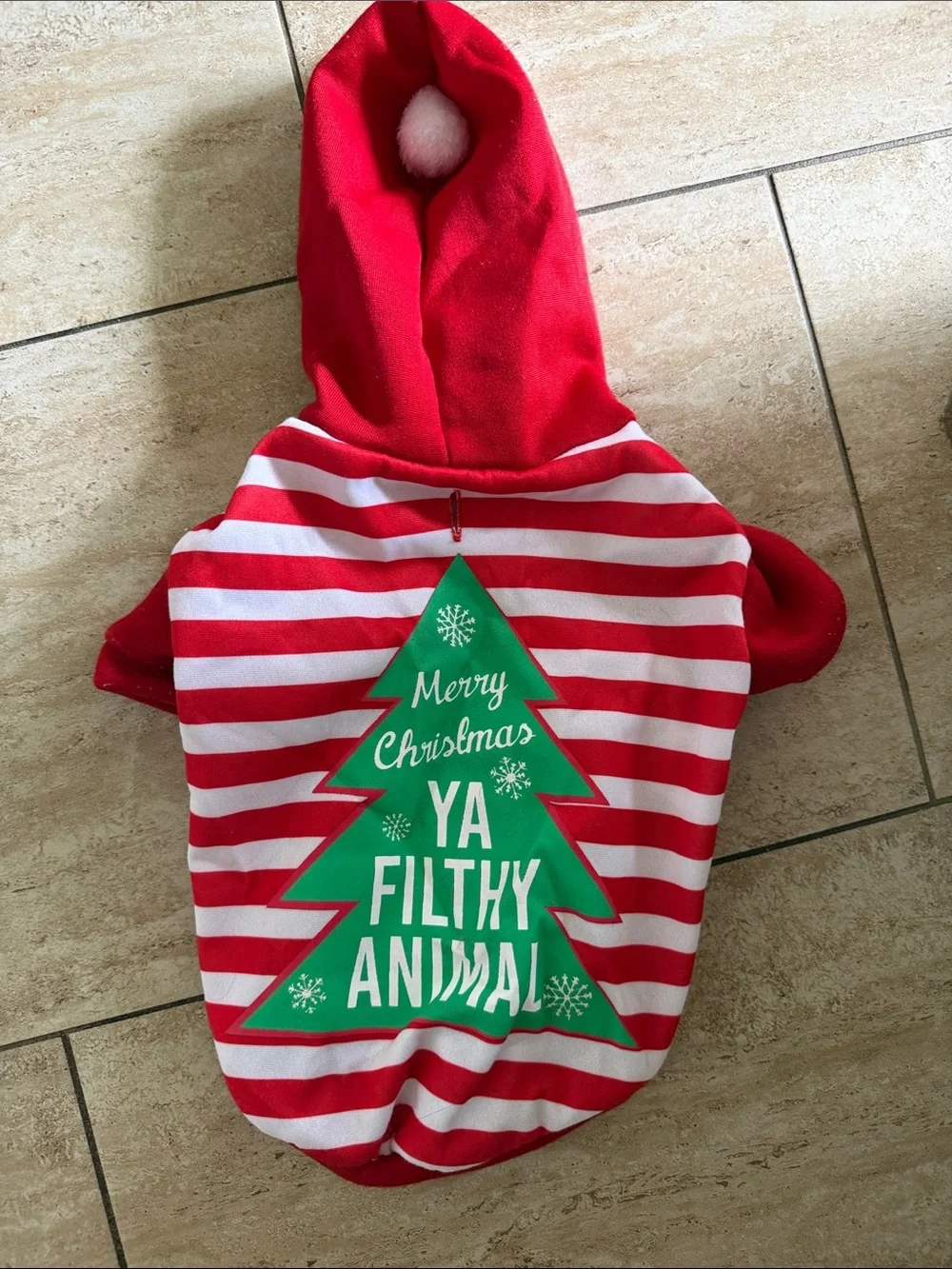 Small Dog Red & White Striped Holiday Dog Hoodie with Green Tree Graphic